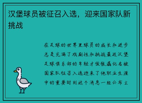 汉堡球员被征召入选，迎来国家队新挑战
