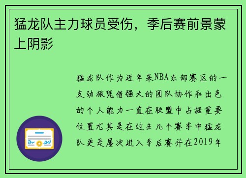 猛龙队主力球员受伤，季后赛前景蒙上阴影