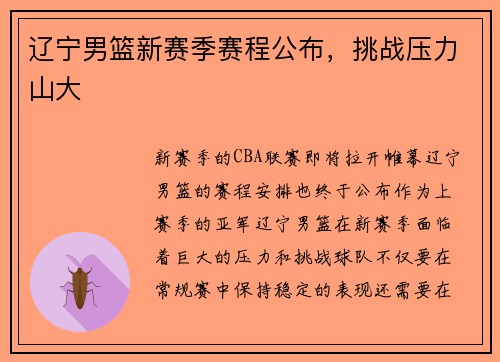 辽宁男篮新赛季赛程公布，挑战压力山大